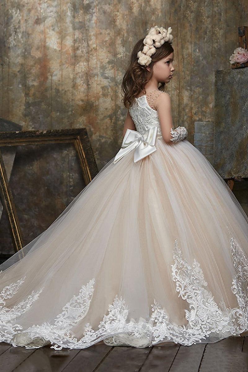 A-Line Long Sleeve Beaded Illusion Sweep-Brush Train Flower Girl Dresses 683689356211 - 7 Days / Champagne / 2 - COCOMELODY